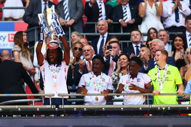 Ibrahim Cissoko of Bolton Wanderers lifts the Sky Bet League One Play Off Trophy Bolton Wanderers v Stockport County, EFL Sky Bet League One, Play-Off Final, Football, Wembley Stadium, London, UK - 24 May 2026London Wembley Stadium United Kingdom EDITORIAL USE ONLY No use with unauthorised audio, video, data, fixture lists, club league logos or live services. Online in-match use limited to 120 images, no video emulation. No use in betting, games or single club league player publications. Copyright: xPaulxCurrie Shutterstockx 16889803hm
