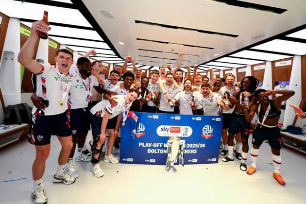 Bolton Wanderers celebrate in the changing room Bolton Wanderers v Stockport County, EFL Sky Bet League One, Play-Off Final, Football, Wembley Stadium, London, UK - 24 May 2026London Wembley Stadium United Kingdom EDITORIAL USE ONLY No use with unauthorised audio, video, data, fixture lists, club league logos or live services. Online in-match use limited to 120 images, no video emulation. No use in betting, games or single club league player publications. Copyright: xPaulxCurrie Shutterstockx 16889803ob