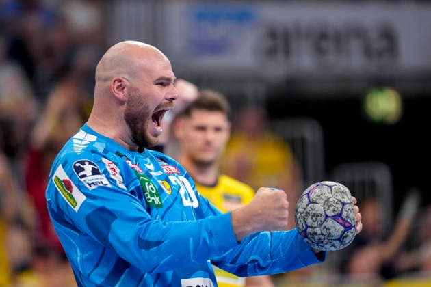 Mike Jensen goalkeeper, RNL, 20 , Rhein Neckar Löwen player, single picture, single photo, action, cheering, jubilant, celebration, joy, happy, rejoicing, confident, optimistic, positive, game scene, 24 05 2026, Mannheim Germany , Handball, Bundesliga, Rhein Neckar Löwen SC Magdeburg xozx