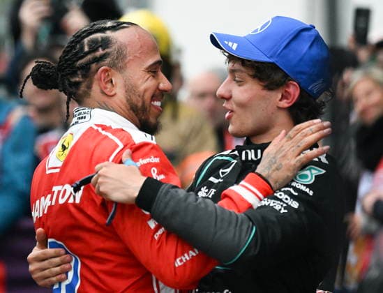 May 24, 2026, Montreal, Qc, CANADA: Mercedes driver Kimi Antonelli of Italy, right, is congratulated by second place finisher, Ferrari driver Lewis Hamilton of the United Kingdom, following his win at Formula One auto racing Canadian Grand Prix in Montreal on Sunday, May 24, 2026. Canada News - May 24, 2026 - ZUMAc35_ 20260524_zaf_c35_160 Copyright: xGrahamxHughesx