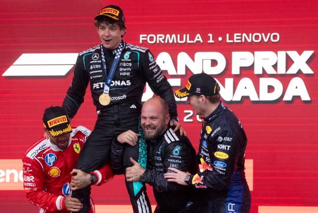 May 24, 2026, Montreal, Qc, CANADA: Winner Mercedes driver Kimi Antonelli of Italy is hoisted by second place Ferrari driver Lewis Hamilton of the United Kingdom, left, and Mercedes senior composite technician Dean Hale, second right and third place Red Bull Racing driver Max Verstappen of the Netherlands, following Formula One auto racing Canadian Grand Prix in Montreal on Sunday, May 24, 2026. Canada News - May 24, 2026 - ZUMAc35_ 20260524_zaf_c35_123 Copyright: xChristinnexMuschix
