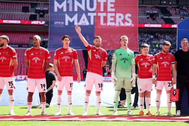 Salford City players line up Sky Bet Every Minute Matters Helium Banner Notts County v Salford City, EFL Sky Bet League Two, Play-Off Final, Football, Wembley Stadium, London, UK - 25 May 2026London Wembley Stadium United Kingdom EDITORIAL USE ONLY No use with unauthorised audio, video, data, fixture lists, club league logos or live services. Online in-match use limited to 120 images, no video emulation. No use in betting, games or single club league player publications. Copyright: xAndrewxFosker Shutterstockx 16889937z
