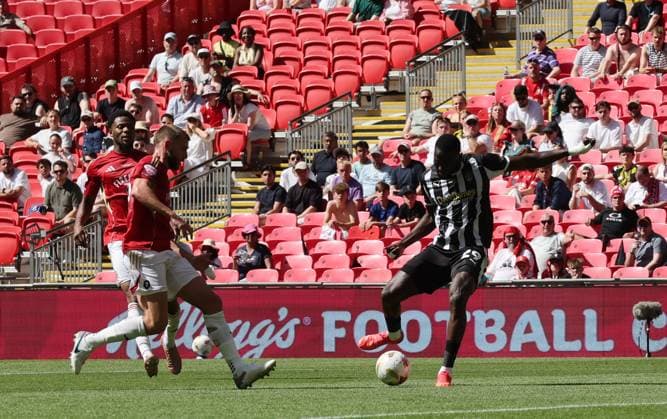 Alassana Jatta of Notts County scores the opening goal 1-0 past Goalkeeper Matthew Young of Salford City Notts County v Salford City, EFL Sky Bet League Two, Play-Off Final, Football, Wembley Stadium, London, UK - 25 May 2026London Wembley Stadium United Kingdom EDITORIAL USE ONLY No use with unauthorised audio, video, data, fixture lists, club league logos or live services. Online in-match use limited to 120 images, no video emulation. No use in betting, games or single club league player publications. Copyright: xAndrewxFosker Shutterstockx 16889937az
