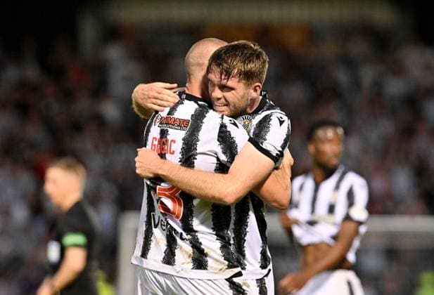 Goal scorer Marcus Fraser of St Mirren with Alex Gogic of St Mirren at full time St Mirren v Partick Thistle, William Hill Scottish Premiership Play-Offs Final, Second Leg, Football, SMiSA Stadium, Paisley, Scotland, UK - 25 May 2026Paisley SMiSA Stadium United Kingdom EDITORIAL USE ONLY No use with unauthorised audio, video, data, fixture lists, club league logos or live services. Online in-match use limited to 120 images, no video emulation. No use in betting, games or single club league player publications. Copyright: xMarkxRunnacles Shutterstockx 16889990av