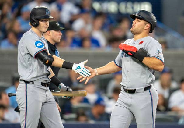 May 25, 2026, Toronto, On, CANADA: Miami Marlins Kyle Stowers, left, and Jakob Marsee celebrate after scoring during sixth inning MLB, Baseball Herren, USA action against the Toronto Blue Jays, in Toronto on Monday May 25, 2026. Canada News - May 25, 2026 - ZUMAc35_ 20260525_zaf_c35_177 Copyright: xFrankxGunnx