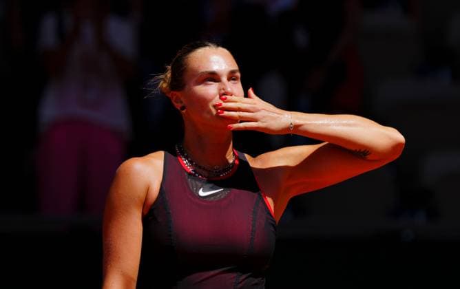 Aryna Sabalenka celebrates her first round win over Jessica Bouzas Maneiro French Open Tennis, Day Three, Tennis, Roland Garros, Paris, France - 26 May 2026Paris Roland Garros France EDITORIAL USE ONLY No use with unauthorised audio, video, data, fixture lists, club league logos or live services. Online in-match use limited to 120 images, no video emulation. No use in betting, games or single club league player publications. Copyright: xJavierxGarcia Shutterstockx 16898258c
