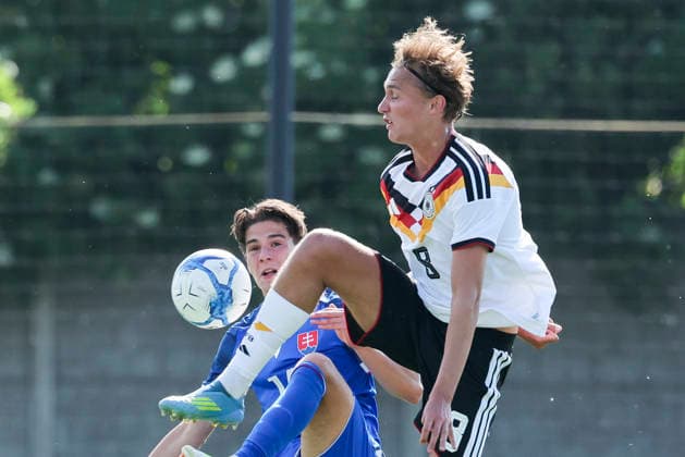 Michal Duraj Slovakia and Luis Engelns Germany battle for the ball, UEFA Under 19 friendly, Slovakia v Germany, MOL Academy on 27 May 2026 in Dunajska Streda, Slovakia Photo by Marco Steinbrenner DeFodi Images Michal Duraj Slovakia and Luis Engelns Germany battle for the ball, UEFA Under 19 friendly, Slovakia v Germany, MOL Academy, May 27, 2026 in Dunajska Streda, Slovakia Photo by Marco Steinbrenner DeFodi Images