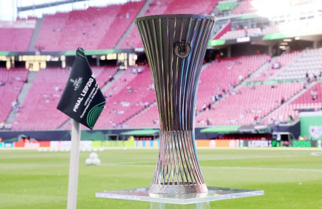 Crystal Palace Rayo Vallecano Final Conference League Leipzig, 27 05 2026, Leipzig Stadium, Football, UEFA Conference League, Final , Crystal Palace ENG vs Rayo Vallecano ESP , In picture UEFA Conference League Winner Trophy , For editorial use only , UEFA regulations prohibit any use of photographs as image sequences and or quasi video , Picture Point