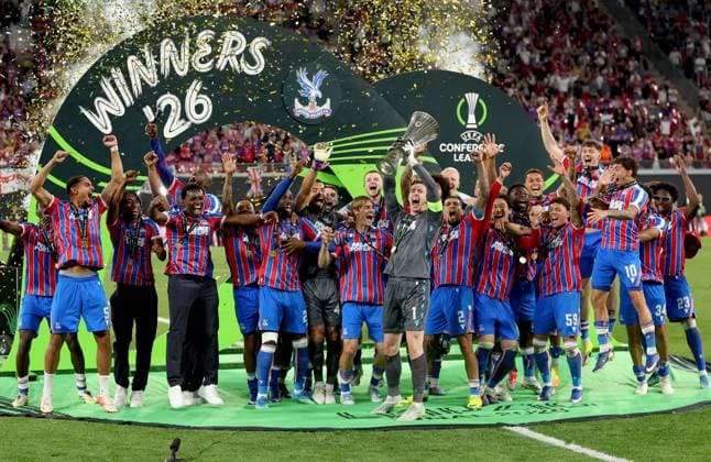 Crystal Palace celebrates with the trophy after winning the UEFA Conference League Crystal Palace v Rayo Vallecano, UEFA Conference League, Final, Football, Red Bull Arena, Leipzig, Germany - 27 May 2026Leipzig Red Bull Arena Germany EDITORIAL USE ONLY No use with unauthorised audio, video, data, fixture lists, club league logos or live services. Online in-match use limited to 120 images, no video emulation. No use in betting, games or single club league player publications. Copyright: xKieranxMcManus Shutterstockx 16898266dx