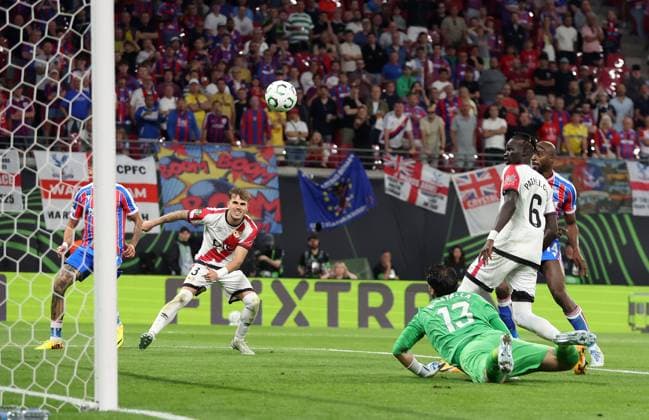 Jean-Philippe Mateta of Crystal Palace scores a goal to make the score 1-0 Crystal Palace v Rayo Vallecano, UEFA Conference League, Final, Football, Red Bull Arena, Leipzig, Germany - 27 May 2026Leipzig Red Bull Arena Germany EDITORIAL USE ONLY No use with unauthorised audio, video, data, fixture lists, club league logos or live services. Online in-match use limited to 120 images, no video emulation. No use in betting, games or single club league player publications. Copyright: xKieranxMcManus Shutterstockx 16898266fh