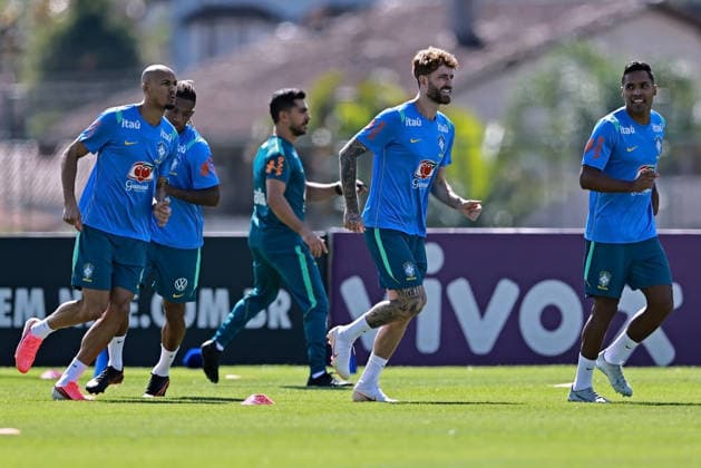 28th May 2026; Teresopolis, Brazil: Fabinho, Leo Pereira and Alex Sandro of Brazil during a training session at the Granja Comary training center in Teresopolis, Rio de Janeiro, Brazil, on May 28, 2026, ahead of the FIFA World Cup, WM, Weltmeisterschaft, Fussball 2026 HeulerxAndrey