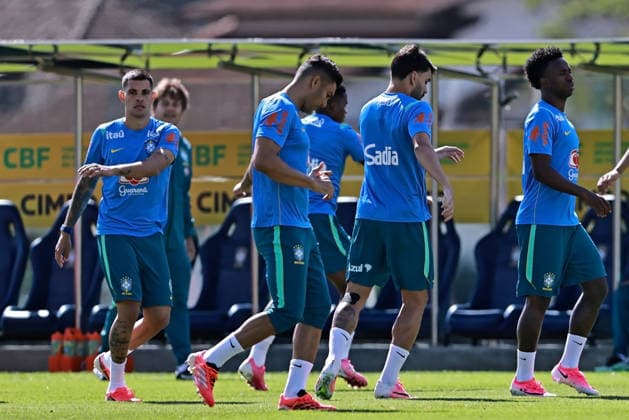 28th May 2026; Teresopolis, Brazil: Bruno Guimaraes, Casemiro, Lucas Paqueta and Vinicius Jr. of Brazil during a training session at the Granja Comary training center in Teresopolis, Rio de Janeiro, Brazil, on May 28, 2026, ahead of the FIFA World Cup, WM, Weltmeisterschaft, Fussball 2026 HeulerxAndrey