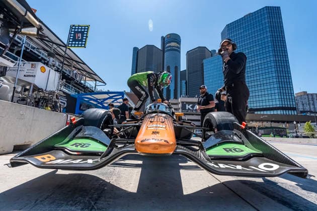 May 29, 2026, Detroit, Michigan, USA: IndyCar, Indy Car, IRL, USA Series driver, DENNIS HAUGER (R) (19) (NOR) of Aurskog, Norway, prepares to practice for the Detroit Grand Prix at Streets of Detroit. Detroit USA - ZUMAa161 20260529_aaa_a161_002 Copyright: xWalterxArce GMGx