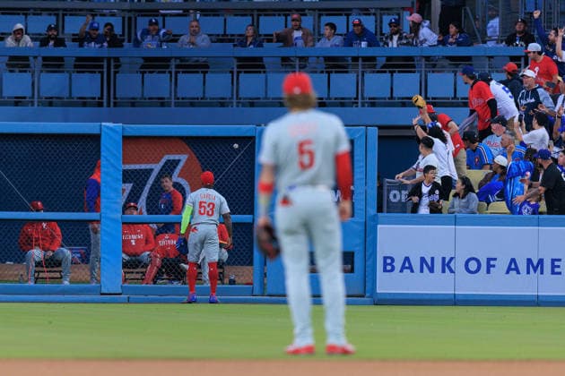 May 29, 2026, Los Angeles, California, USA: Philadelphia Phillies outfielder Adolis GarcoÂa 53 and pitcher, Bryson Stott 5 watch a solo home run hit by Los Angeles Dodgers designated hitter Shohei Ohtani 17 land in the bullpen during the third inning of a regular-season MLB, Baseball Herren, USA game Friday, May 29, 2026, at Dodger Stadium in Los Angeles. Dodgers defeat Phillies, 4-2. JAVIER ROJAS PI Los Angeles USA - ZUMAp124 20260529_zaa_p124_006 Copyright: xJavierxRojasx