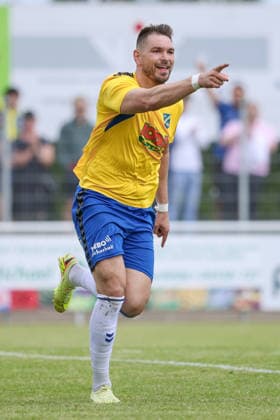 Goalscorer Morten Liebert SV Todesfelde, 11 with goal celebration, cheering, jubilant, optimistic, match scene, highlight, joy about the goal to 1 0, 30 05 2026, Todesfelde Germany , football, promotion round Regionalliga Nord, SV Todesfelde Blumenthaler SV xobx