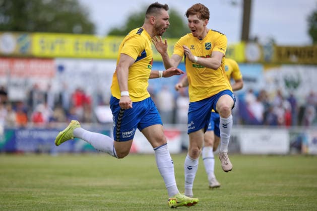from left goal scorer Morten Liebert SV Todesfelde, 11 and Justin Cloppatt SV Todesfelde, 5 with goal celebration, jubilation, cheering, optimistic, game scene, highlight, joy about the goal to 1 0, 30 05 2026, Todesfelde Germany , football, promotion round Regionalliga Nord, SV Todesfelde Blumenthaler SV xobx