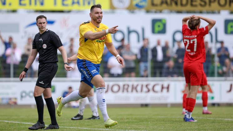 Goalscorer Morten Liebert SV Todesfelde, 11 with goal celebration, cheering, jubilant, optimistic, match scene, highlight, joy about the goal to 1 0, 30 05 2026, Todesfelde Germany , football, promotion round Regionalliga Nord, SV Todesfelde Blumenthaler SV xobx