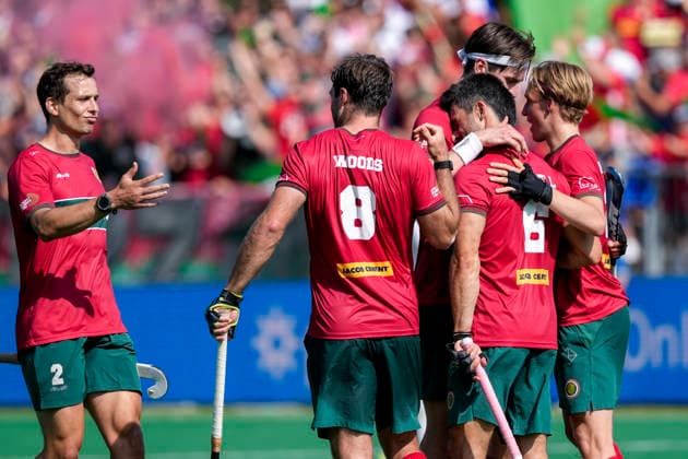 Hamburg Polo Club players, celebrate the goal, celebrate the goal, goal, celebration, cheer, cheers about the goal, rejoicing, joy, optimistic, positive, game scene, highlight, action, 30 05 2026, Bonn Germany , Hockey, German Championship, semi-final, men, Hamburger Polo Club Harvestehuder THC xozx