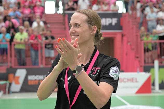 Miriam Hirsch TusSies Metzingen, Coach thanks the fans TusSies Metzingen vs SV Union Halle Neustadt , Handball, Alsco HBF, 7 Play Off League Matchday, Season 2025 2026, 30 05 2026 TusSies Metzingen vs SV Union Halle Neustadt , Handball, Alsco HBF, 7 Play Off League Matchday, Season 2025 2026, 30 05 2026 Tuebingen Copyright: xEibner-Pressefoto TobiasxBaurx EP_TBR