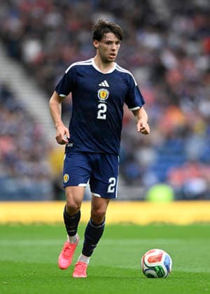 Glasgow, Scotland, 30th May 2026. Aaron Hickey of Scotland during the Scotland vs Curacao International Friendly, Länderspiel, Nationalmannschaft match at Hampden Park, Glasgow. Picture credit should read: Neil Hanna Sportimage EDITORIAL USE ONLY. No use with unauthorised audio, video, data, fixture lists, club league logos or live services. Online in-match use limited to 120 images, no video emulation. No use in betting, games or single club league player publications. SPI_091_NH_Scotland_Curacao SPI-4830-0091