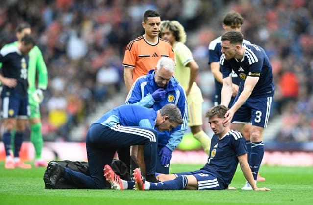 Glasgow, Scotland, 30th May 2026. Billy Gilmour of Scotland was injured during the Scotland vs Curacao International Friendly, Länderspiel, Nationalmannschaft match at Hampden Park, Glasgow. Picture credit should read: Neil Hanna Sportimage EDITORIAL USE ONLY. No use with unauthorised audio, video, data, fixture lists, club league logos or live services. Online in-match use limited to 120 images, no video emulation. No use in betting, games or single club league player publications. SPI_093_NH_Scotland_Curacao SPI-4830-0093