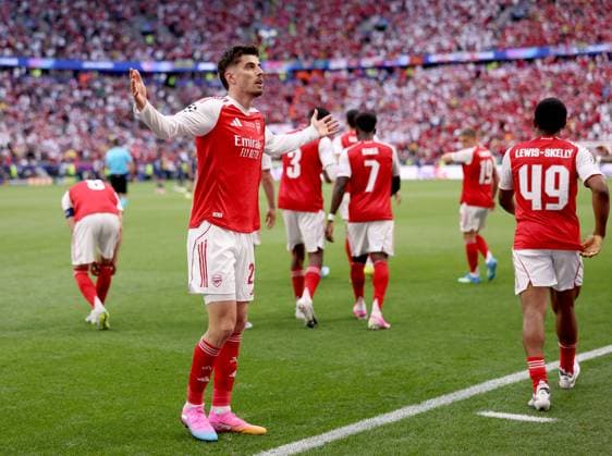 Kai Havertz of Arsenal celebrates scoring their side s first goal of the game Paris Saint-Germain v Arsenal, UEFA Champions League, Final, Football, Puskas Arena, Budapest, Hungary - 30 May 2026Budapest Puskas Arena Hungary EDITORIAL USE ONLY No use with unauthorised audio, video, data, fixture lists, club league logos or live services. Online in-match use limited to 120 images, no video emulation. No use in betting, games or single club league player publications. Copyright: xAhmadxMora Shutterstockx 16902827y