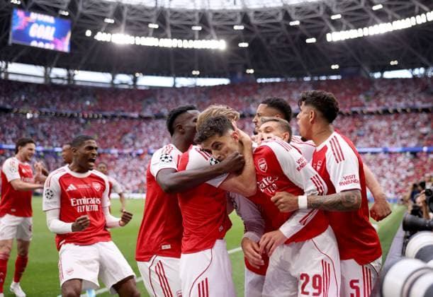 Kai Havertz of Arsenal celebrates with teammates after scoring their side s first goal of the game Paris Saint-Germain v Arsenal, UEFA Champions League, Final, Football, Puskas Arena, Budapest, Hungary - 30 May 2026Budapest Puskas Arena Hungary EDITORIAL USE ONLY No use with unauthorised audio, video, data, fixture lists, club league logos or live services. Online in-match use limited to 120 images, no video emulation. No use in betting, games or single club league player publications. Copyright: xAhmadxMora Shutterstockx 16902827ae