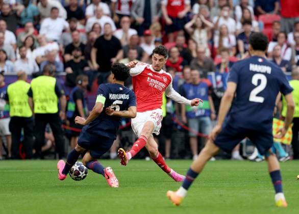Kai Havertz of Arsenal has an attempted shot on goal blocked by Marquinhos of Paris Saint-Germain Paris Saint-Germain v Arsenal, UEFA Champions League, Final, Football, Puskas Arena, Budapest, Hungary - 30 May 2026Budapest Puskas Arena Hungary EDITORIAL USE ONLY No use with unauthorised audio, video, data, fixture lists, club league logos or live services. Online in-match use limited to 120 images, no video emulation. No use in betting, games or single club league player publications. Copyright: xAhmadxMora Shutterstockx 16902827ax
