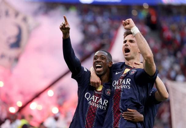 Ousmane Dembele of Paris Saint-Germain (left) celebrates with teammate Fabian Ruiz scoring their side s first goal of the game Paris Saint-Germain v Arsenal, UEFA Champions League, Final, Football, Puskas Arena, Budapest, Hungary - 30 May 2026Budapest Puskas Arena Hungary EDITORIAL USE ONLY No use with unauthorised audio, video, data, fixture lists, club league logos or live services. Online in-match use limited to 120 images, no video emulation. No use in betting, games or single club league player publications. Copyright: xAhmadxMora Shutterstockx 16902827ca