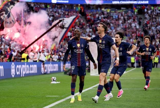 Ousmane Dembele of Paris Saint-Germain (left) celebrates with teammate Fabian Ruiz scoring their side s first goal of the game Paris Saint-Germain v Arsenal, UEFA Champions League, Final, Football, Puskas Arena, Budapest, Hungary - 30 May 2026Budapest Puskas Arena Hungary EDITORIAL USE ONLY No use with unauthorised audio, video, data, fixture lists, club league logos or live services. Online in-match use limited to 120 images, no video emulation. No use in betting, games or single club league player publications. Copyright: xAhmadxMora Shutterstockx 16902827cr