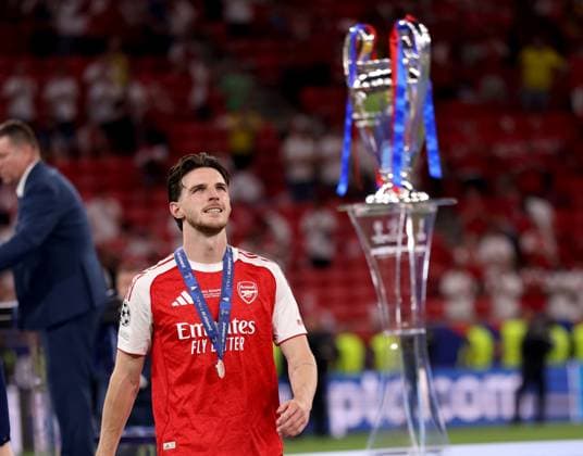 Declan Rice of Arsenal shows dejection after losing the UEFA Champions League Final Paris Saint-Germain v Arsenal, UEFA Champions League, Final, Football, Puskas Arena, Budapest, Hungary - 30 May 2026Budapest Puskas Arena Hungary EDITORIAL USE ONLY No use with unauthorised audio, video, data, fixture lists, club league logos or live services. Online in-match use limited to 120 images, no video emulation. No use in betting, games or single club league player publications. Copyright: xAhmadxMora Shutterstockx 16902827eh