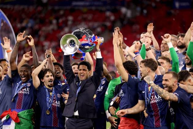 Chairman of the Board of Paris Saint-Germain Nasser Al-Khelaifi celebrates with the trophy and teammatesafter winning the UEFA Champions League Paris Saint-Germain v Arsenal, UEFA Champions League, Final, Football, Puskas Arena, Budapest, Hungary - 30 May 2026Budapest Puskas Arena Hungary EDITORIAL USE ONLY No use with unauthorised audio, video, data, fixture lists, club league logos or live services. Online in-match use limited to 120 images, no video emulation. No use in betting, games or single club league player publications. Copyright: xAhmadxMora Shutterstockx 16902827eu