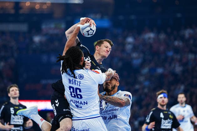 Bryan Hugo Monte dos Santos Montpellier Handball, 26 , Emil Manfeldt Jakobsen SG Flensburg Handewitt, 31 , Agustin Cascado Marcelo Montpellier Handball, 18 GER, Montpellier Handball vs SG Flensburg Handewitt, Handball, EHF European League, Match for 3rd place, 2025 2026 season, 31 05 2026 GER, Montpellier Handball vs SG Flensburg Handewitt, Handball, EHF European League, Match for 3rd place, 2025 2026 season, 31 05 2026 Hamburg Copyright: xEibner-Pressefoto MarcelxvonxFehrnx EP_MFN