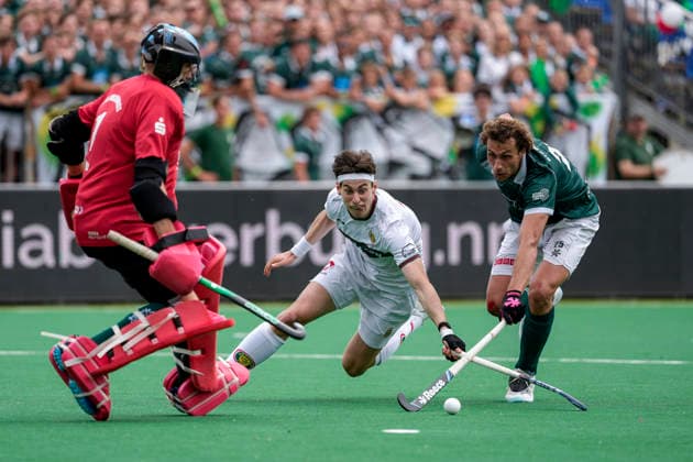 from left David Harte goalkeeper, Mülheim, 1 , Paul Smith Polo, 7 , Moritz Ludwig Mülheim, 25 , duel, duel scene, duel, tackle, tackling, dynamics, action, action, 31 05 2026, Bonn Germany , Hockey, German Championship, Final, Men, Hamburger Polo Club HTC Uhlenhorst Mülheim xozx