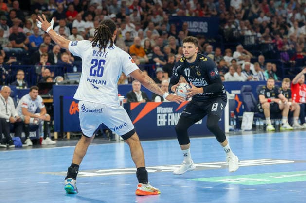 31 05 2026 ,xgox, Handball Handball EHF European League, Match for 3rd place Montpellier Handball SG Flensburg Handewitt emspor, v l Hugo Bryan Monte Dos Santos Montepellier, 26 , Marko Grgic Flensburg, 17 duel, duel, fight, tackle Hamburg