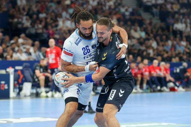 31 05 2026 ,xgox, Handball Handball EHF European League, Match for 3rd place Montpellier Handball SG Flensburg Handewitt emspor, v l Hugo Bryan Monte Dos Santos Montepellier, 26 , Kent Robin Tonnesen Tönnesen, Flensburg, 23 duel, duel, fight, tackle Hamburg