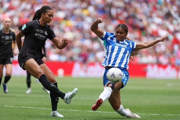 Jade Rose of Manchester City is challenged by Madison Haley of Brighton & Hove Albion Brighton & Hove Albion v Manchester City, Football, Adobe Women s FA Cup Final, Wembley Stadium, London, UK, 31 05 26 EDITORIAL USE ONLY No use with unauthorised audio, video, data, fixture lists, club league logos or live services. Online in-match use limited to 120 images, no video emulation. No use in betting, games or single club league player publications. Copyright: xAnthonyxHanc Shutterstockx 16905576h