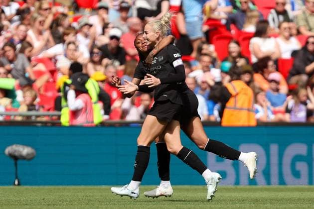 Alex Greenwood of Manchester City celebrates scoring her team s second goal with teammate Kerolin Nicoli Israel Ferraz Brighton & Hove Albion v Manchester City, Football, Adobe Women s FA Cup Final, Wembley Stadium, London, UK, 31 05 26 EDITORIAL USE ONLY No use with unauthorised audio, video, data, fixture lists, club league logos or live services. Online in-match use limited to 120 images, no video emulation. No use in betting, games or single club league player publications. Copyright: xAnthonyxHanc Shutterstockx 16905576x