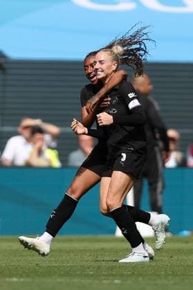 Alex Greenwood of Manchester City celebrates scoring her team s second goal with teammate Kerolin Nicoli Israel Ferraz Brighton & Hove Albion v Manchester City, Football, Adobe Women s FA Cup Final, Wembley Stadium, London, UK, 31 05 26 EDITORIAL USE ONLY No use with unauthorised audio, video, data, fixture lists, club league logos or live services. Online in-match use limited to 120 images, no video emulation. No use in betting, games or single club league player publications. Copyright: xAnthonyxHanc Shutterstockx 16905576t