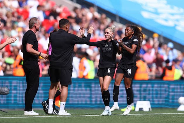 London, England, 31st May 2026. Alex Greenwood (C) of Manchester City Women celebrates with Andrà e Jeglertz (L), manager of Manchester City and Kerolin (R) of Manchester City Women after scoring to make it 2-0 during the Brighton Women vs Manchester City Women The Women s FA Cup match at Wembley Stadium, London. Picture credit should read: Paul Terry Sportimage EDITORIAL USE ONLY. No use with unauthorised audio, video, data, fixture lists, club league logos or live services. Online in-match use limited to 120 images, no video emulation. No use in betting, games or single club league player publications. SPI_020_PT_Brighton_W_Man_City_W SPI-4831-0020