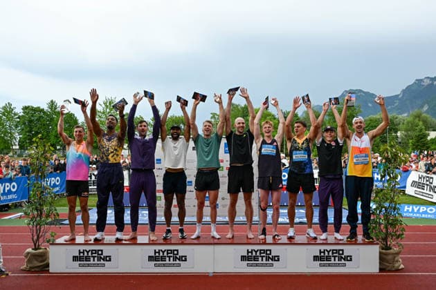 ATHLETICS - Hypomeeting Goetzis 2026 GOETZIS,AUSTRIA,31.MAY.26 - ATHLETICS - World Athletics Combined Events Tour, Hypomeeting, decathlon, ceremony. Image shows the top ten: Simon Ehammer (SUI), Leo Neugebauer (GER), Niklas Kaul (GER), Damian Warner (CAN), Sven Roosen (NED), Karel Tilga (EST), Tomas Jaervinen (CZE), Heath Baldwin (USA), Amadeus Graeber (GER) and Harrison Williams (USA). GEPAxpictures xOliverxLerch