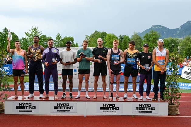 ATHLETICS - Hypomeeting Goetzis 2026 GOETZIS,AUSTRIA,31.MAY.26 - ATHLETICS - World Athletics Combined Events Tour, Hypomeeting, decathlon, ceremony. Image shows the top ten: Simon Ehammer (SUI), Leo Neugebauer (GER), Niklas Kaul (GER), Damian Warner (CAN), Sven Roosen (NED), Karel Tilga (EST), Tomas Jaervinen (CZE), Heath Baldwin (USA), Amadeus Graeber (GER) and Harrison Williams (USA). GEPAxpictures xOliverxLerch