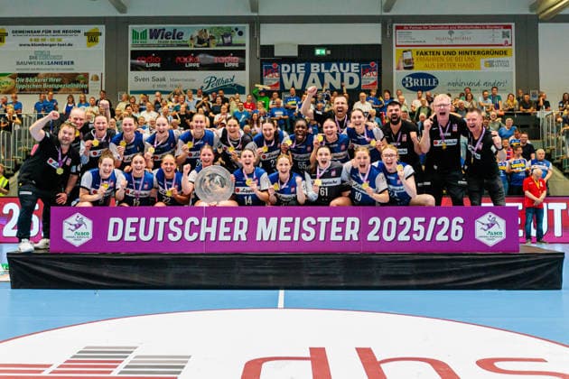 The HSG Blomberg Lippe team celebrates winning the German Championship GER, HSG Blomberg Lippe vs Borussia Dortmund, Handball, 1 Bundesliga Women, Play Offs, Final, Game 3, 31 05 2026 GER, HSG Blomberg Lippe vs Borussia Dortmund, Handball, 1 Bundesliga Women, Play Offs, Final, Game 3, 31 05 2026 Blomberg Copyright: xEibner-Pressefoto JanxRollingerx EP_JSK