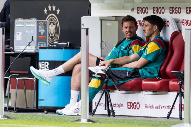 MAINZ, GERMANY - MAY 31: Julian Nagelsmann (Head Coach Germany) and Benjamin Glueck (Glück, Gluck, Assistant Coach Germany) on the bench during pitch check before the International Friendly, Länderspiel, Nationalmannschaft match to prepare for FIFA World Cup, WM, Weltmeisterschaft, Fussball 2026 between Germany vs. Finland at MEWA Arena on May 31, 2026 in Mainz, Germany. Rhineland-Palatinate RLP Germany Copyright: xSteffiexWunderlx