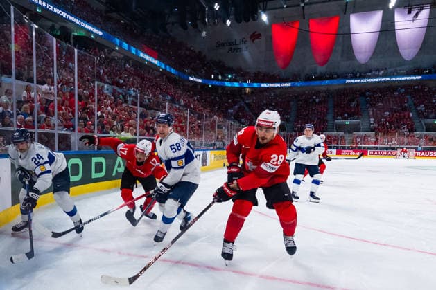 ZURICH, SWITZERLAND - MAY 31: Hannes Bjoerninen (Finland, 24), Urho Vaakanainen (Finland, 58), Ken Jaeger (Switzerland, 17) and Timo Meier (Switzerland, 28) fighting for the puck during the Gold Medal Game - Match 64 between Switzerland and Finland at the IIHF Ice hockey, Eishockey World Championship, WM, Weltmeisterschaft 2026, Swiss Life Arena on May 31, 2026 in Zurich, Switzerland. Zurich Switzerland Copyright: xTimoxSteinx