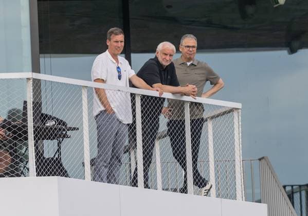 Soccer, men, 2025 2026 season, DFB Campus in Frankfurt, training of the German national team, test match of the reserves against Finland over 2 x 25 minutes, from left U20 national coach Hannes Wolf, sports director national team Rudi Völler DFB , DFB Managing Director Sport Andreas Rettig in the stands, 01 06 2026, Copyright: xMatthiasxKochx
