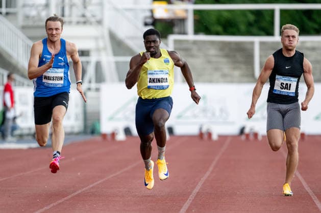 From left Benedikt Thomas Wallstein of Germany, Toluwabori Akinola of Ireland and Henri Sai of Estonia, 100 metres run, men, final, 33th Josef Odlozil Memorial, international athletics meeting, part of WACT European Bronze Meeting, in Prague, Czech Republic, June 1, 2026. (CTKxPhoto OndrejxDeml) CTKPhotoP2026060107005 CTKPhotoP2026060107005
