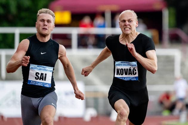 From left Henri Sai of Estonia and Dan Kovac of Czech Republic, 100 metres run, men, final, 33th Josef Odlozil Memorial, international athletics meeting, part of WACT European Bronze Meeting, in Prague, Czech Republic, June 1, 2026. (CTKxPhoto OndrejxDeml) CTKPhotoP2026060107017 CTKPhotoP2026060107017