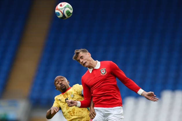 Cardiff, Wales, 2nd June 2026. Dylan Lawlor of Wales heads the ball during the Wales vs Ghana International Friendly, Länderspiel, Nationalmannschaft match at the Cardiff City Stadium, Cardiff. Picture credit should read: Gareth Evans Sportimage EDITORIAL USE ONLY. No use with unauthorised audio, video, data, fixture lists, club league logos or live services. Online in-match use limited to 120 images, no video emulation. No use in betting, games or single club league player publications. SPI_015_GE_WALES_vs_GHANA SPI-4832-0015