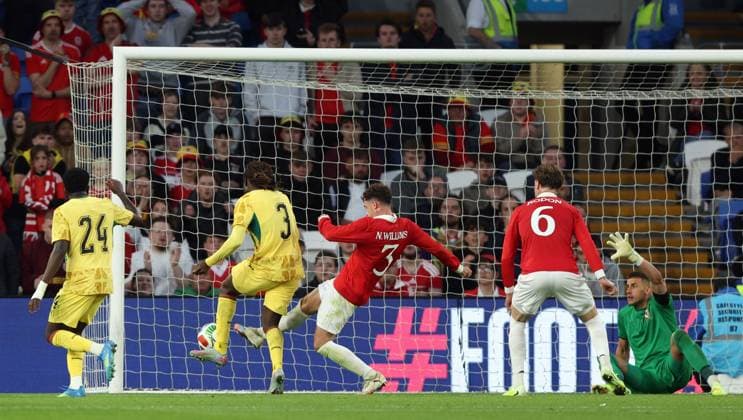 Caleb Yirenkyi of Ghana scores a goal to make the score 0-1 Wales v Ghana, International Friendly, Länderspiel, Nationalmannschaft Football, Cardiff City Stadium, Cardiff, Wales, UK - 02 Jun 2026Cardiff Cardiff City Stadium United Kingdom EDITORIAL USE ONLY No use with unauthorised audio, video, data, fixture lists, club league logos or live services. Online in-match use limited to 120 images, no video emulation. No use in betting, games or single club league player publications. Copyright: xKieranxMcManus Shutterstockx 16906575an